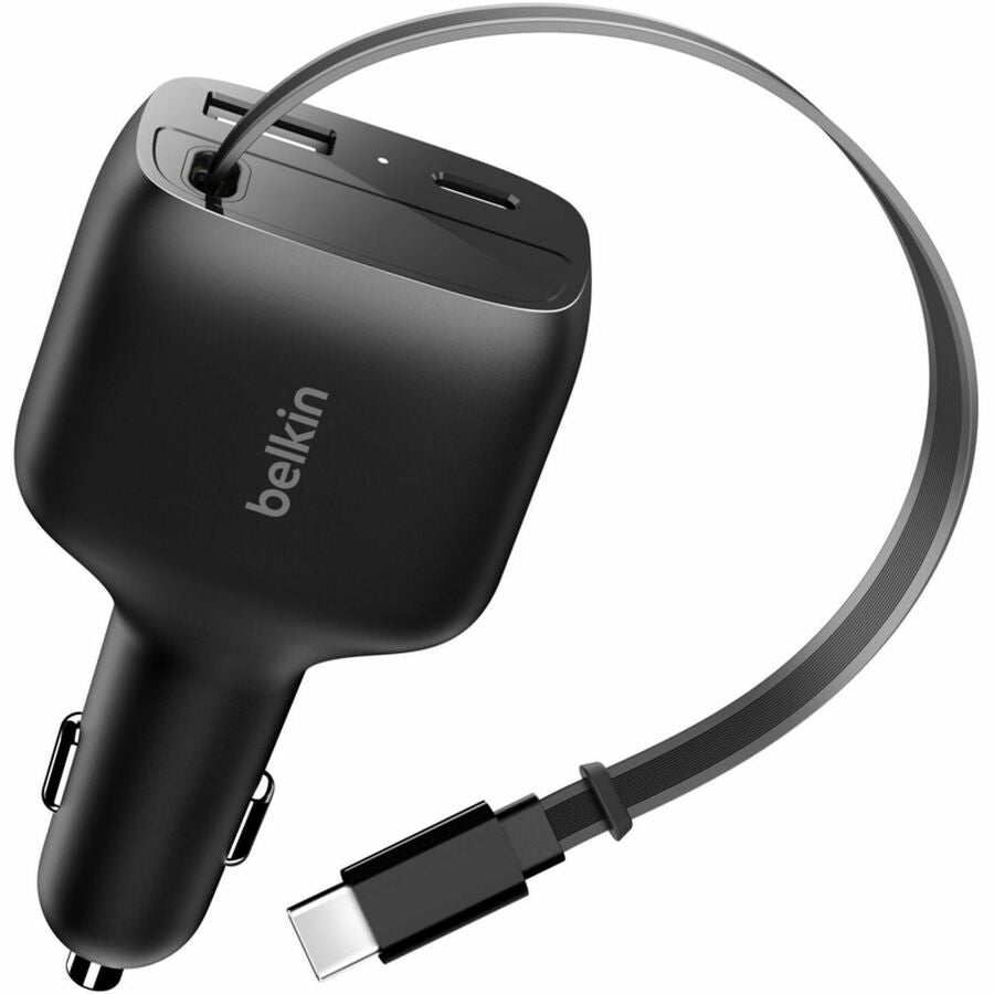 Belkin 75W Dual Port USB Car Charger - 1xUSB-A, 1xUSB-C w/ Retractable USB-C Cable - Black - CCC001fqBK
