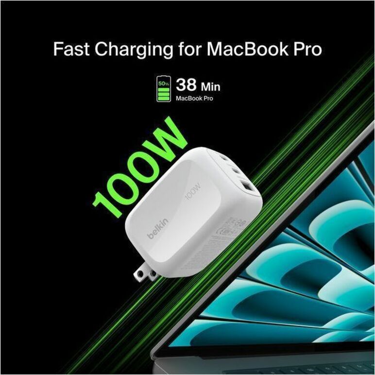 Belkin 100W GaN 3-Port USB Wall Charger - 1xUSB-A, 2xUSB-C - Foldable Prongs - Power Adapter - White - WCH016dqWH