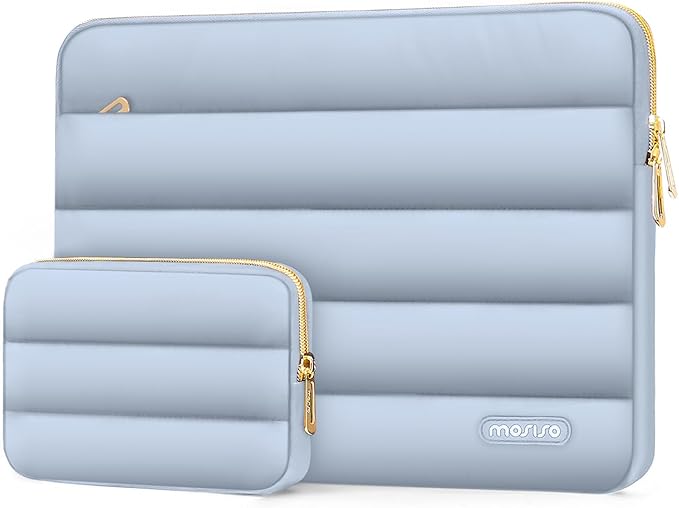 MOSISO 13.3 inch Laptop Case, 13-13.3 inch Puffy Laptop Sleeve Compatible with MacBook Air 13 13.6 M4 M3 M2 M1/Pro 13/Pro 14, HP Dell ASUS Lenovo,Polyester Horizontal Bag with Small Case, Baby Blue