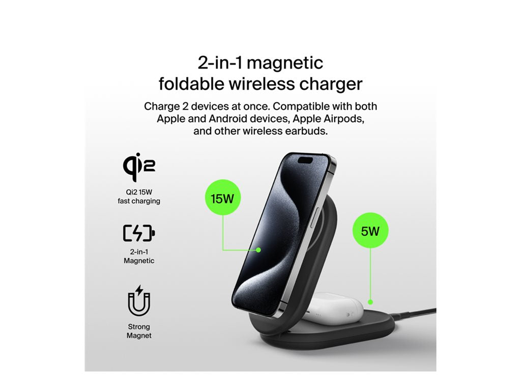 Belkin - Wireless charging stand - magnetic, foldable, with Qi2 + AC power adapter - 15 Watt - Fast Charge - black WIZ028TTBK